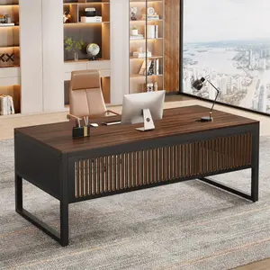 Tribesigns Modern Executive Desk, 63-Inch, For Home Office, Sturdy Computer Desk, Dark Walnut & Black
