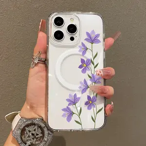Soft Girl Magnetic Case for iPhone11/12/13/14/15/16/17/promax, Purple Flowers Lightweight, Drop-Proof, MagSafe Compatible | Perfect for Teen Girls