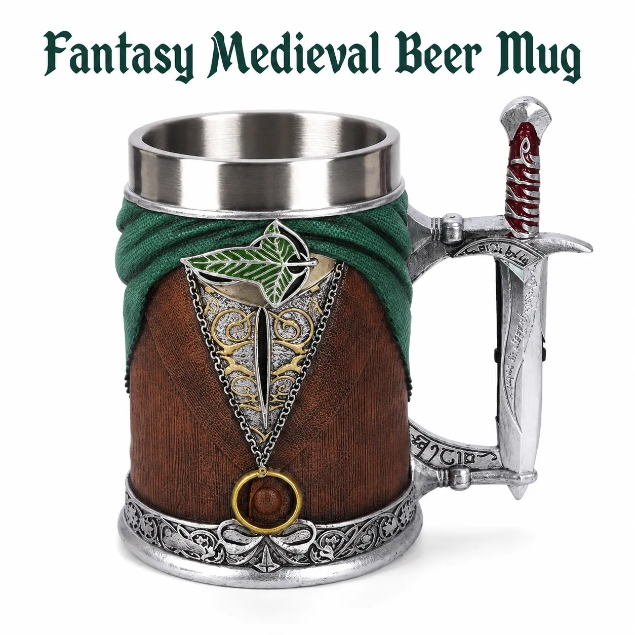 Medieval Fantasy Tankard Mug with Sword Handle, Large Capacity Stainless Steel Lined Coffee & Beer Cup, Vintage Collectible Drinkware for Men