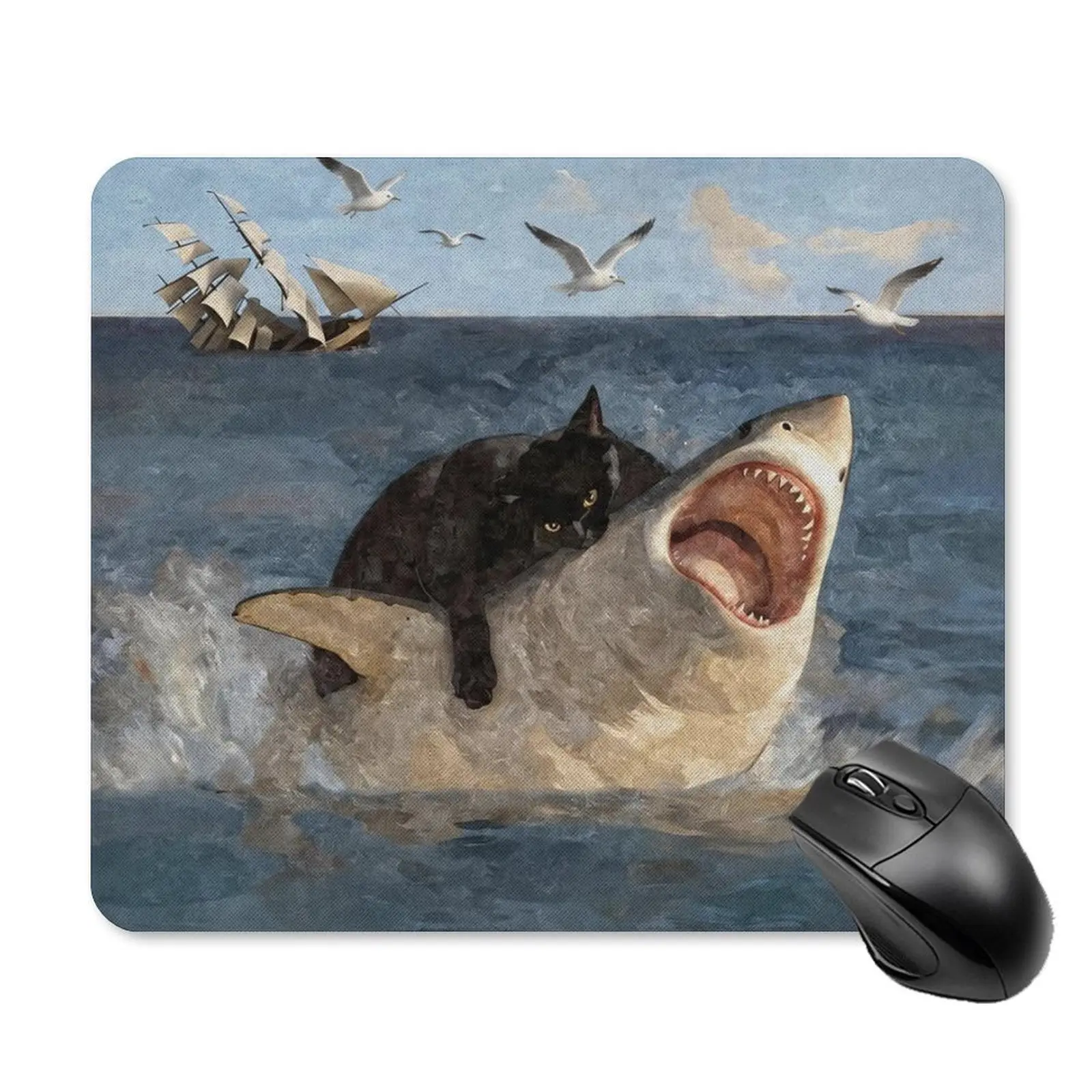 Funny Cute Gaming Mouse Pad, Cat Riding a Shark Mousepad with Non-Slip Rubber Base, Stitched Edges, Surreal Animal Art Desk Mat for Office, Home & Gamers, Unique Gift Idea