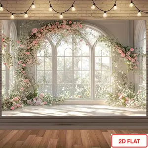 1pc Romantic Garden Banner - Lush Rose Wall & Serene Window Scene, Polyester Material, Perfect for Weddings, Valentine'S Day Celebrations & Summer Parties, No Electricity Needed, Multiple Sizes Available, Wedding Party Backdrop, Wedding Decorations