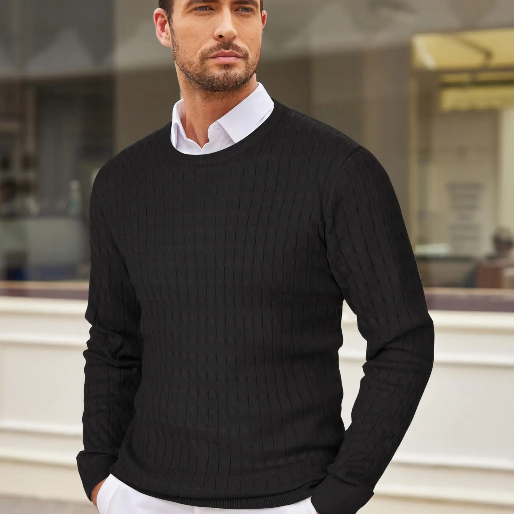 COOFANDY Men's Crewneck Knit Sweater Slim Fit Lightweight Casual Twist Patterned Cable Knitted Pullover