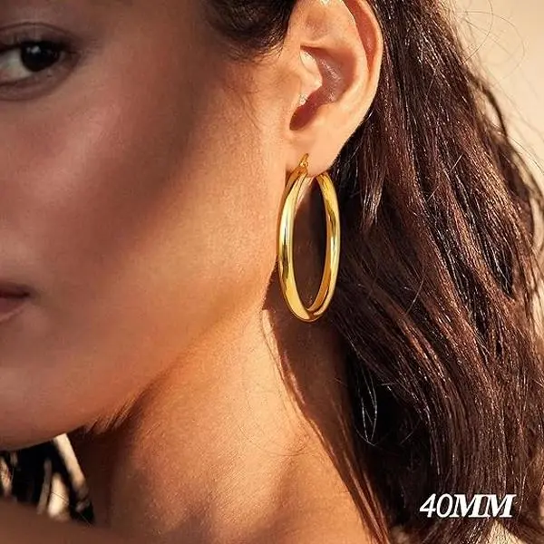 14K Chunky Gold Hoop Earrings for Women 925 Sterling Silver Post Hollow Tube Hoops Earrings 4mm Thick Hoop Earrings Hypoallergenic Lightweight Gold Big Large Hoop Earrings 25/30/40/50/60/70MM, Gold Jewelry, Accessories