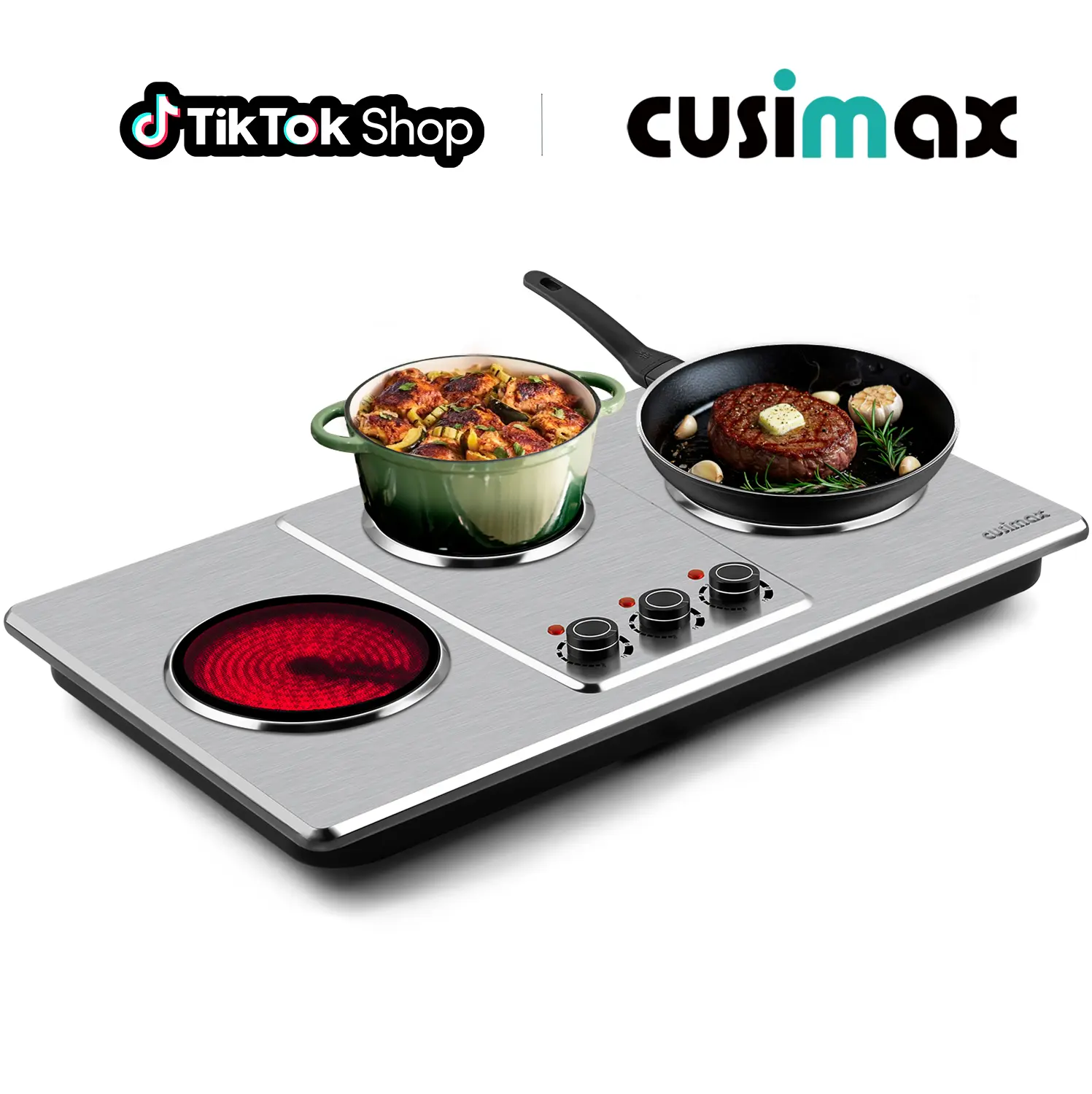 CUSIMAX 3-Burner Infrared Electric Hot Plate - 1800W Stainless Steel Kitchen Appliances Countertop Hob, 7in Ceramic Glass Cooktop, 11-Level Temp Setting, 120V Input, Auto Shut-Off, Universal Cookware Compatibility, 30-Day Hassle-Free Return Policy