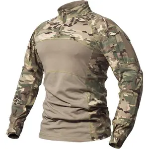 Men's tactical military combat shirt, cotton stretch army camo long sleeve T-shirt with 1/4 zipper, durable and comfortable for outdoor activities graffiti print boxer brief mid-calf sock underwear thong crew neck rhinestone skull mens teamliga sideline