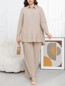 Plus Size Casual Office Set, Loose Fit Long Sleeve Shirt & High Waist Wide Leg Pants, Slimming Belly Concealment, Perfect for Daily Wear
