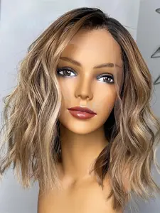 Fashionable 14 Inch Soft Human Hair Gradient Blonde Wig, Lace Front Pre-Bleached Baby Hair, Medium Length, Daily Wear for Women