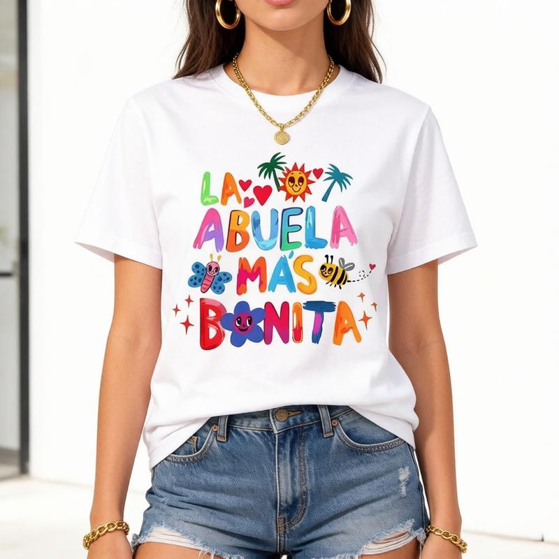Women's Cropped Graphic Print Cotton T-Shirt - "La Abuela Mas Bonita" Design, Soft Fabric, Fitted Cut, H-Type, Korean Style, Short-Sleeve Crew Neck, Summer Casual Top for Thanksgiving