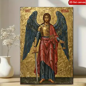 1pc Framed Archangel Michael Icon - Byzantine Greek Orthodox Christian Wall Art, Greek Lettering & Cyrillic Inscriptions-like Border, Golden Red Blue Hues, Iconography Print on Canvas, Ready-to-Hang Spiritual Decor for Church, Home, Office, 2D Flat,