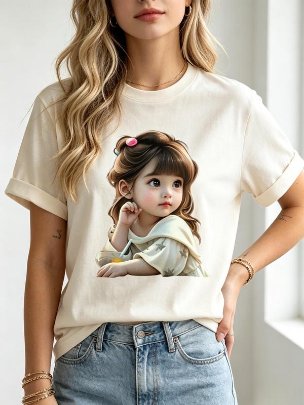 Women’s Fitted Cream Crew Neck Short-Sleeve Chibi Graphic T-Shirt - Viral TikTok Kawaii Big Eye Girl with Color Hair Clips Holding Milk Tea Print, Breathable Cotton Fabric, Casual Tee for Beach Vacation Loungewear