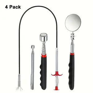 4 Piece Extendable Magnetic Retrieval Hand Tools Set with Mirror, Flexible Grabber with 4 Interchangeable Heads, Car Repair Spring Claw Picker