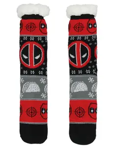 Marvel Comics Deadpool Men's Ugly Sweater for Christmas pattern Knit Deadpool Tacos Faux Shearling Lined Thick Fuzzy Slipper Socks