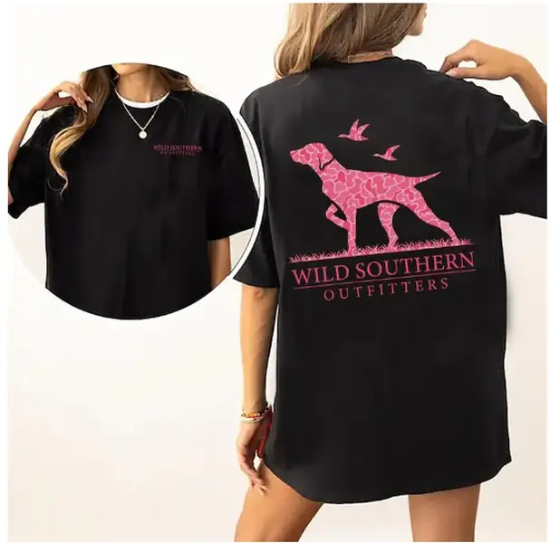 Women's Wild Southern Outfitters 100% Cotton Oversized Cowgirl Crew Neck Short Sleeve T-Shirt Tops - Double-Sided Pink Leopard & Hunting Dog Bird Print, Soft Breathable Lightweight Outdoor Graphic Shirt, Summer Birthday Tee for Women