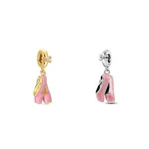 MULA 925 Silver-Gold Plated Ballet Slipper Charm with Pink Enamel and CZ - Compatible with Pandora Bracelets and Necklaces - Gift for Dancers, Girls, Women, Birthday, Christmas