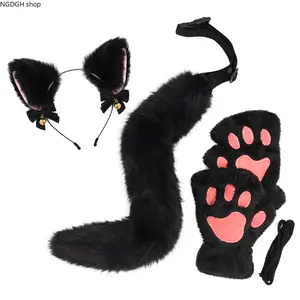 Plush Black Cat Ears Tail & Paw Gloves Set. Made with soft faux fur, comfortable to wear. Great for cosplay, Halloween, themed parties, and role-playing events.