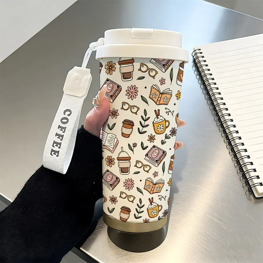 Loyr 530ML Insulated Tumbler with Straw, Artistic Pattern with Lanyard, 316 Stainless Steel, thermos coffee travel mug, Portable Travel Coffee Cup, Creative Gift