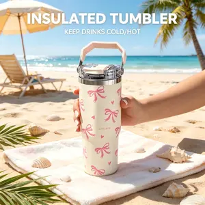 30oz Insulated Tumbler with Handle, Pink Bow Print Double Wall 304 Stainless Steel Travel Mug, Dual Opening Leak Proof Car Cup with Straw Lid