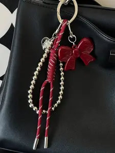 Wine Red Bow Beaded Keychain, Vintage Sweet-Cool Style, Wine Red Braided Cord + Shiny Silver Beads + Bow, Paired With A Heart Pendant, Can Be Hung On A Bag / Keys / Phone, Suitable For Commuting, Dating, Shopping, An Ideal Gift For Family And Friends