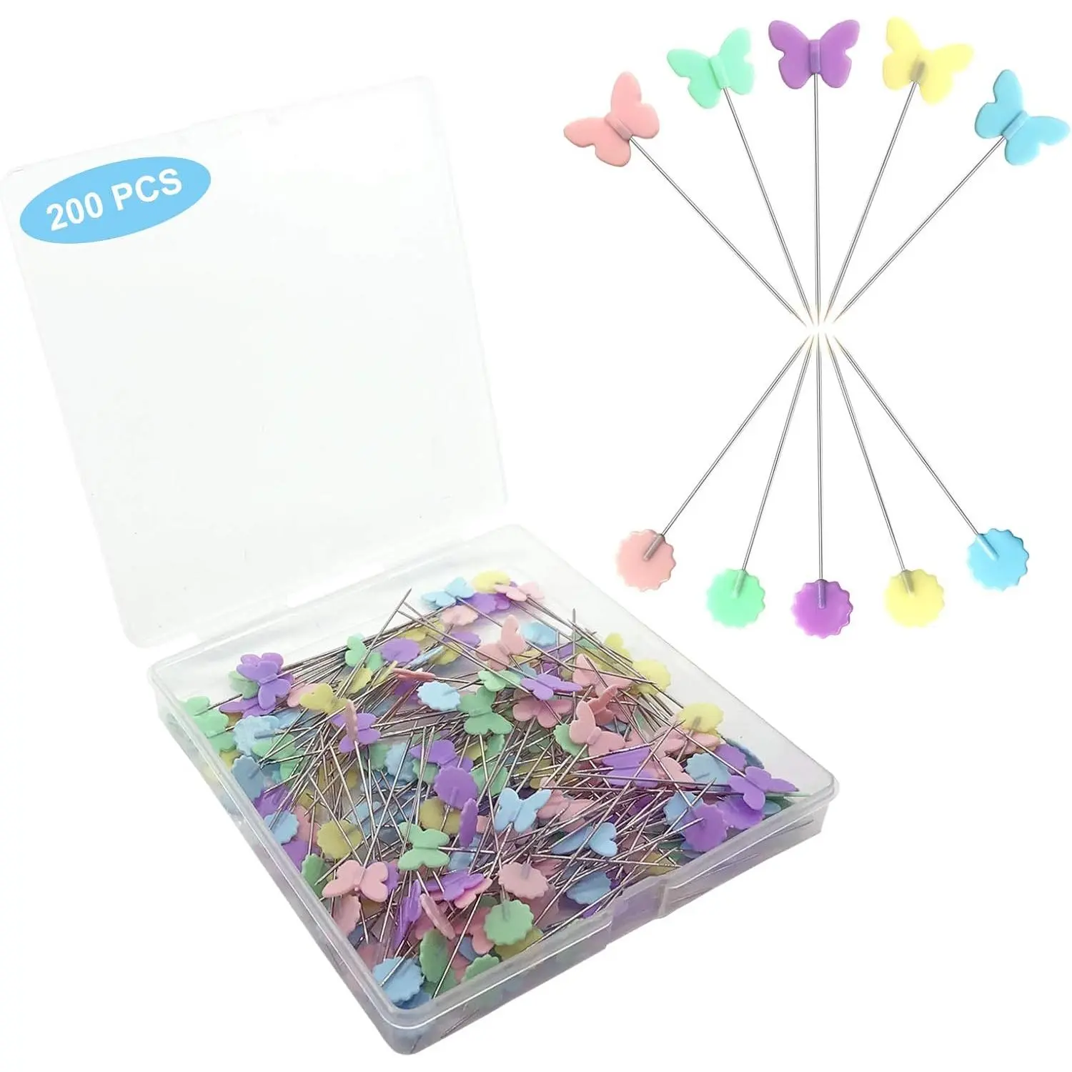 200 count Sewing Pins Flat  Straight Pins with Butterfly and Flower Colored Heads, Long 2.16inch Quilting Pins for Dressmaker, Craft, Sewing Project and DIY Decoration (Butterfly and Flower)