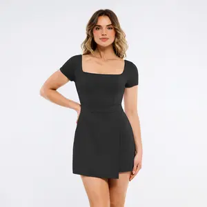 Popilush Women's Square Neck Short Sleeve Dress - Slim Fit  Asymmetric Hem for Elegant Look Casual Formal Minimalist Womenswear