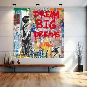 Banksy Dream Big Dreams Wall Art - Graffiti Street Canvas Poster For Extra Large Decor, Tempered Glass, Ready To Hang