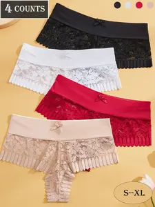 Dorsu Women's High Stretch Fitted Lace Thongs Panties Set, Multi-Color, Fashionable Bow, Floral & Flower Patchwork Design, Soft Fabric, Comfortable, Valentine's Gift