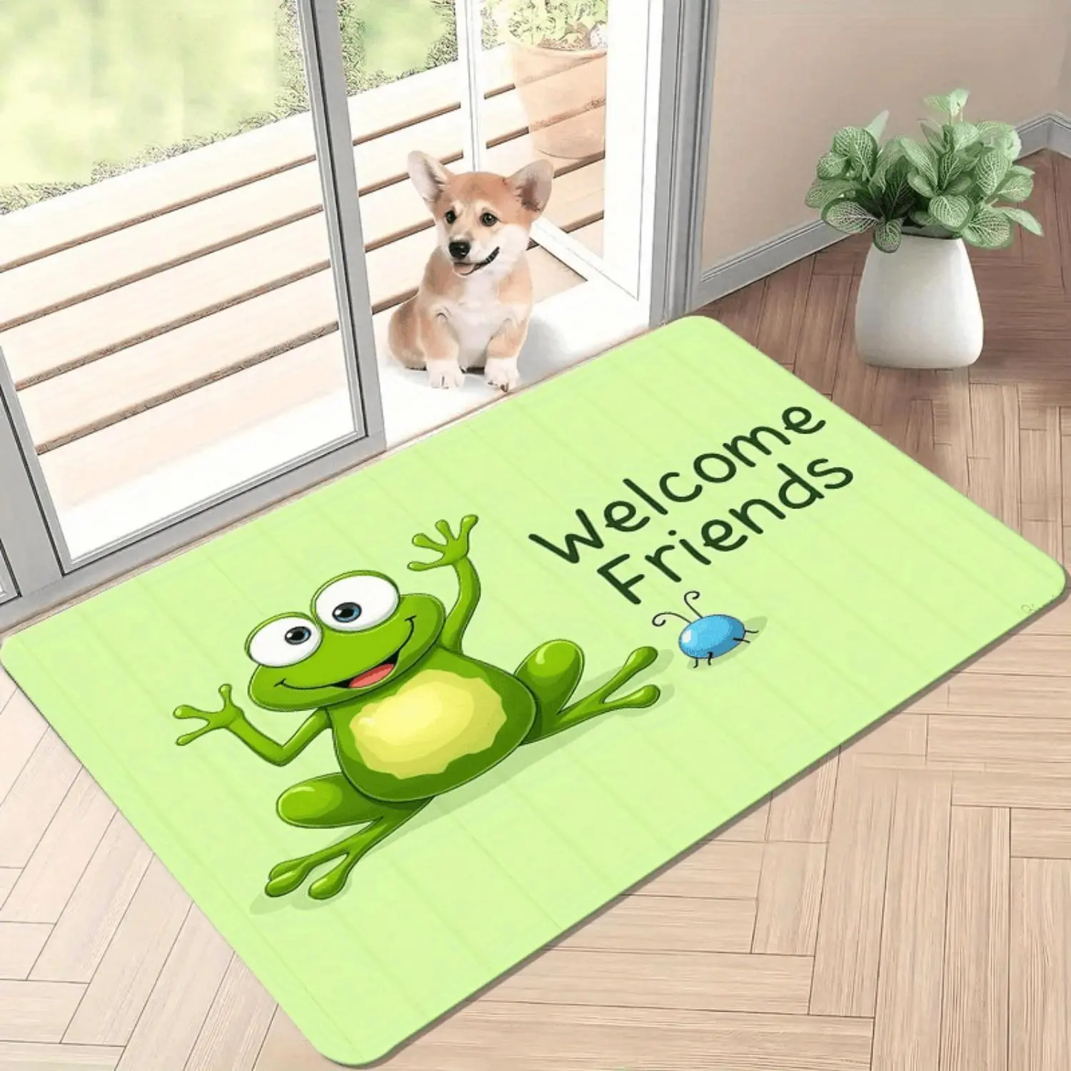 Green background with cartoon frogs and insects, "Welcome Friends" flannel mat, suitable for kitchens, hallways, bedroom entrances, bathrooms, living rooms, studies, etc., light, soft and comfortable, with a thick non-slip bottom and wear resistance.
