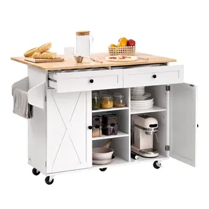 VEVOR Kitchen Island Cart - 52in White Furniture for Kitchen, Solid Wood Top, Lockable Freestanding Storage Cabinet, Drop Leaf, Drawers, Spice Towel Rack, Mobile Rolling Coffee Bar Cabinet on Swivel Wheels