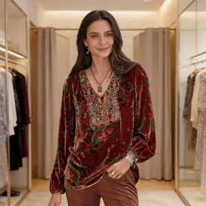 Women's Plus Size Vintage Floral Print Velvet Blouse Long Sleeve V-Neck Loose Fit Pullover for Fall