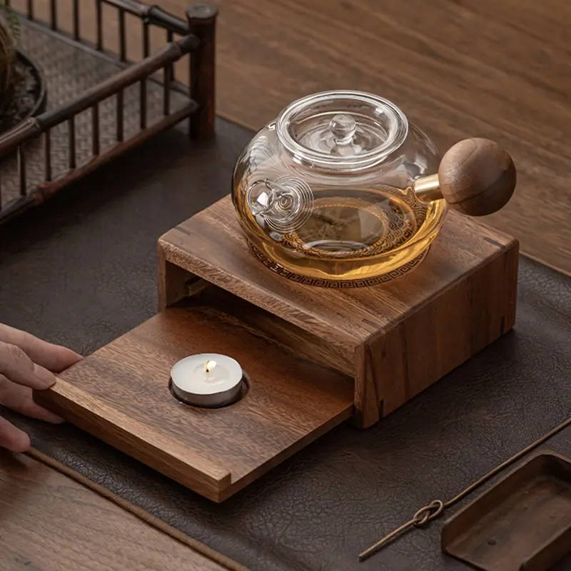 1pc of Walnut Wood Teapot Warmer Stand Featuring a Candle Tealight Holder  a Portable Base for Heating Teapots with Non-Electric Warmth Retention, Ideal for Serving Tea on a Tabletop