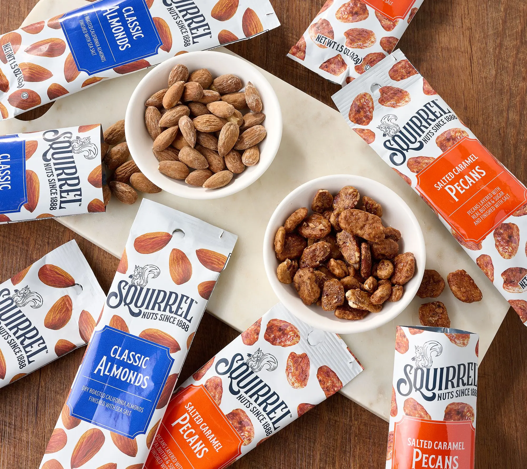 Squirrel Brand (12) 1.5oz Bags Roasted Almonds & Caramel Peacans