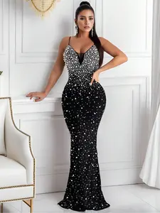 Women's Elegant Chic Rhinestone Embellished Sleeveless Fitted Long Evening Dress, Perfect for Nightclub, Formal Events, Birthdays & Weddings