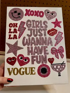 Girls Just Wanna Have Fun Rhinestone Canvas DIY Art KIT with Pre-made 9x12 Canvas Outline Gems Glue Gem Picker and Freebies for Parties Girls Nights or Gifts