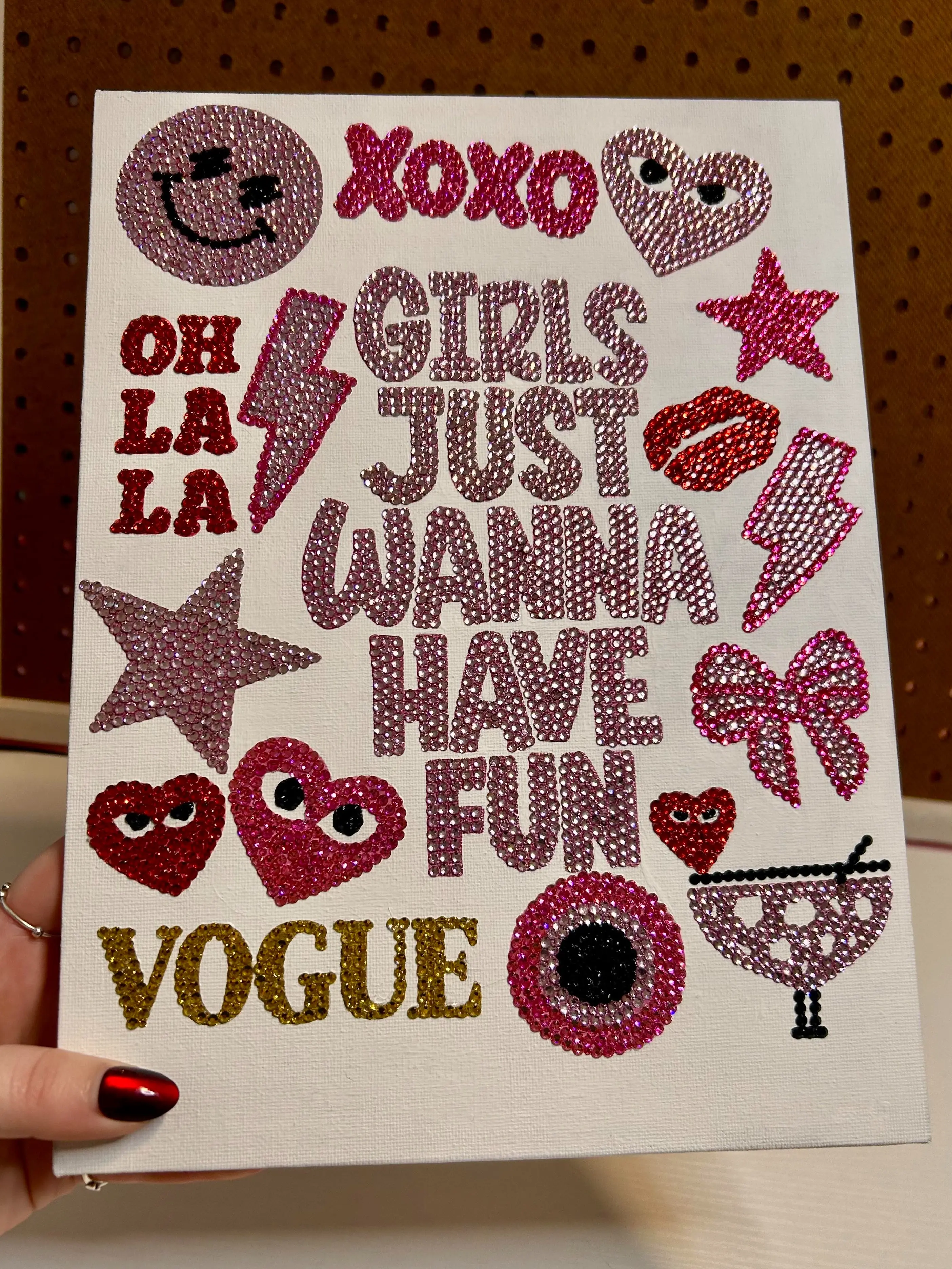 Girls Just Wanna Have Fun Rhinestone Canvas DIY Art KIT with Pre-made 9x12 Canvas Outline Gems Glue Gem Picker and Freebies for Parties Girls Nights or Gifts