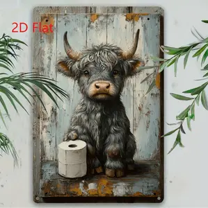 Vintage Highland Cow Metal Wall Art Cute Animal Holding Toilet Paper Tin Sign For Home Bar Cafe Garden Farmhouse Decor Indoor Outdoor Gift
