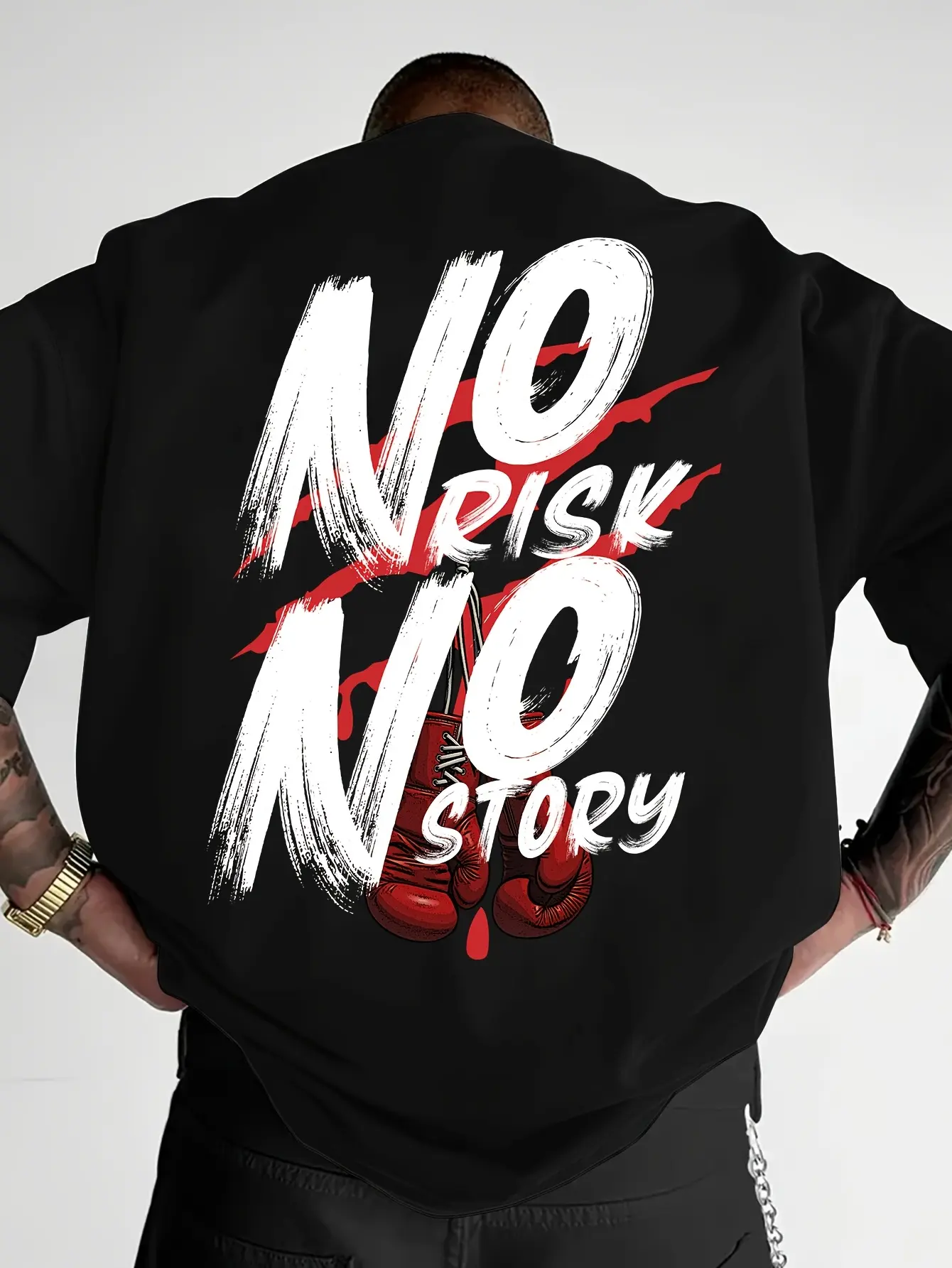 Boxing Gloves" Graphic Short Sleeve T-Shirt, "No Risk No Story" Tagline Design Men's Fashion Print Street Casual Loose Drop Shoulder Tee