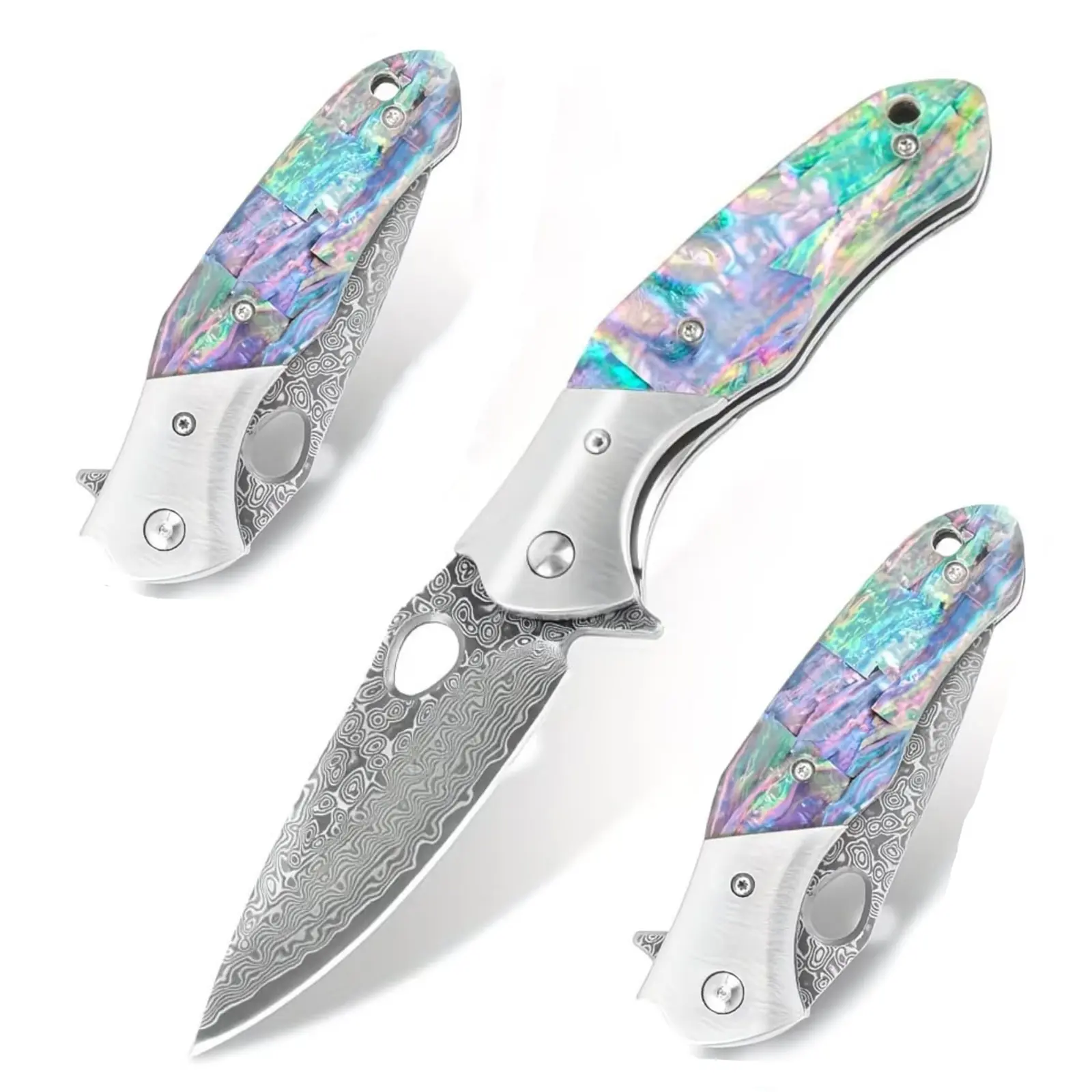 Foldable Damascus Steel Paring Knife with Natural Abalone Shell Handle, Sharp Wave-Patterned Blade, Portable Fruit & Vegetable Peeler for Daily Kitchen Prep, Small Pocket Kitchen Cutlery