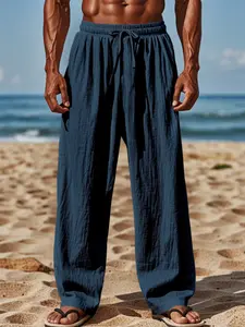 Men's Casual Linen Pants, Casual Fashion Trousers, Relaxed Fit with Drawstring Waist, 95% Linen, 5% Polyester, Breathable & Stylish for Indoor Gatherings, Outdoor Activities, All-Season Wear, Beige Color, Minimalist Design