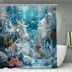 1/4pcs Ocean Themed Bathroom Decorations, Including Shower Curtain Set & Toilet Lid Cover & Mat & U-shaped Mat, Bathroom Accessories
