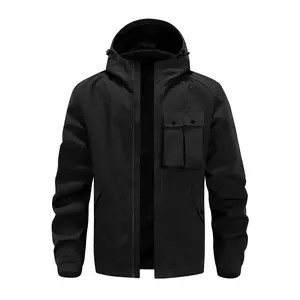 Men’s Autumn/Winter Functional Multi-Pocket Hooded Jacket — Black, Windproof, Waterproof, Wear-Resistant Workwear/Utility Jacket for Commuting, Mountaineering, and Tactical Use