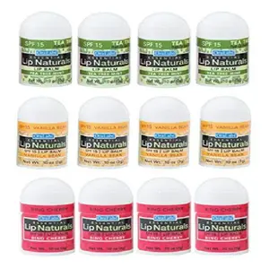 Lip Naturals® | Assorted Mini Lip Balm with Sunscreen (SPF-15) | Made in USA | 12-Count Pack with Bing Cherry, Tea Tree Mint, and Vanilla Bean Flavors (0.10oz/3g Each)