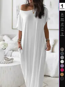 Women's Solid Color Casual Batwing Sleeve Loungewear Dress, Comfortable Daily Wearing Nightdress, Versatile Ladies' Sleepwear for All Seasons