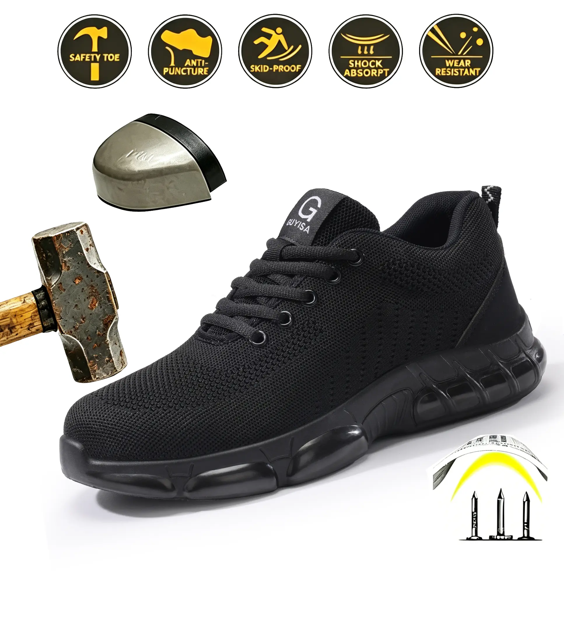 Men's Steel Toe Safety Footwear - Anti-Smash, Anti-Puncture, Air Cushion Soft Sole Sneakers for Work & Security Guards, Breathable Casual All-Season Shoes