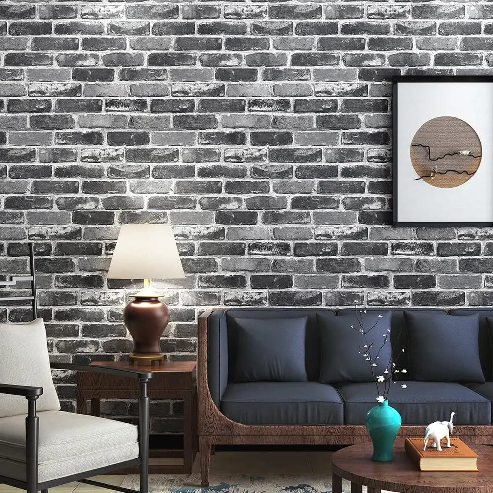 Gray Peel and Stick Wallpaper - Textured Faux Brick Self-Adhesive Embossed Vintage Removable Vinyl Roll, Waterproof Decorative Large Size 118in Wallcovering for Home Improvement Removable Refresh