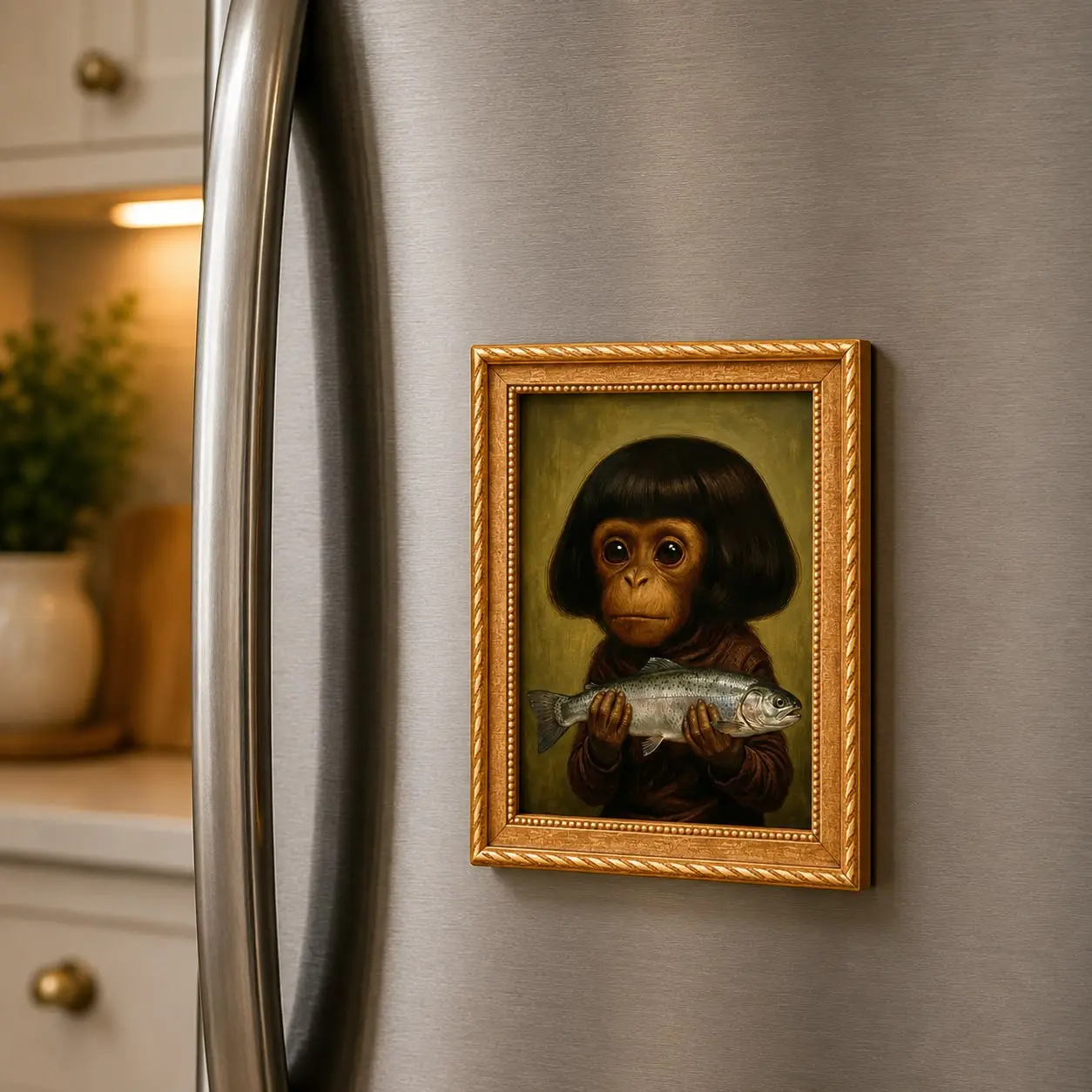 Vintage Monkey Holding Fish Fridge Magnet, Funny Animal Art Refrigerator Magnet, Gothic Wall Decor, Quirky Kitchen Decor Gift