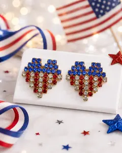 Rhinestone Embellished American USA Flag Heart Stud Earring Gold-Tone patriotic USA Flag Heart Earrings