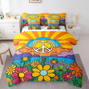 Feelyou 7-Piece Bohemian Bedroom Bedding Set - Soft Microfiber Comforter with Sun, Moon, Peace Sign, Fitted Sheet, Flat Sheet, 2 Pillow Shams, 2 Pillowcases (Boho Bed Set, Queen Size Option)