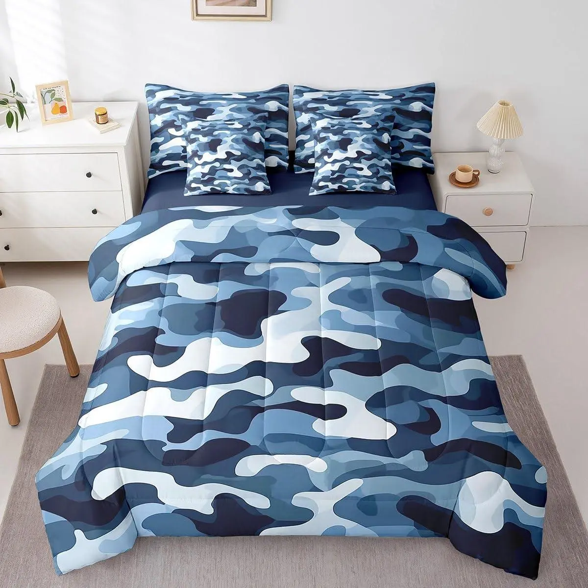 Boy Blue Camouflage 7 Piece Comforter Set,Bed in a Bag Camouflage Abstract Geometric Bed Sheets Retro Blue White Army Campaign Militarily Style Bedding Set for Kids Teens Adult