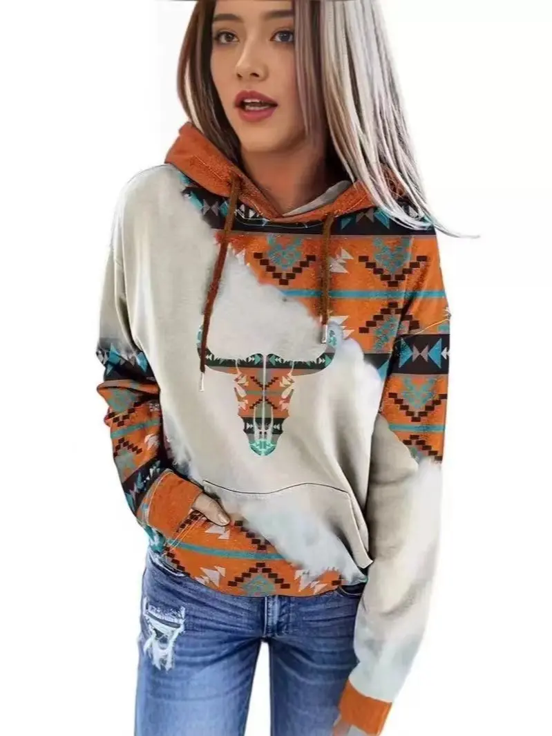 Women'S Boho Western Aztec Print Hoodie with Bull Head Graphic,Oversized Tie-Dye Contrast Hood Sweatshirt,Distressed Orange & Cream Country Casual Streetwear