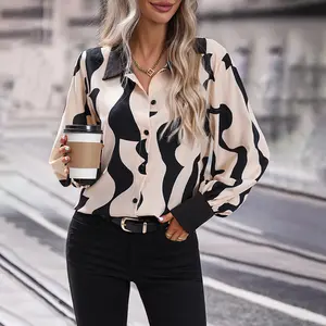 Sweaty Rocks Women's Allover Print Collar Neck Long Sleeve Blouse Shirt Button Front Contrast Binding Tops